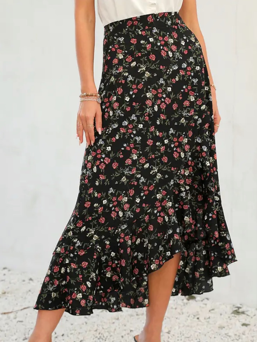 Floral Black Midi Skirt | Romantic Ruffle Slit | Cottagecore Y2K | Size S